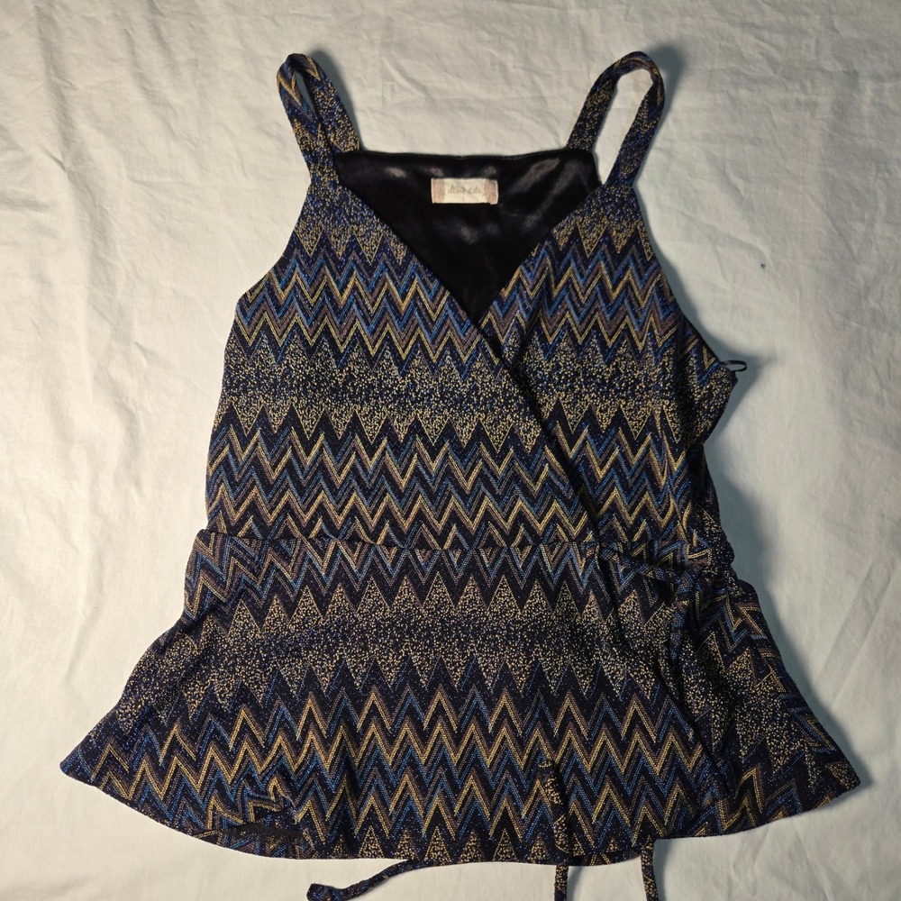 Altar'd State Metallic Chevron Wrap Peplum Top Blue Gold Zigzag Blouse Large